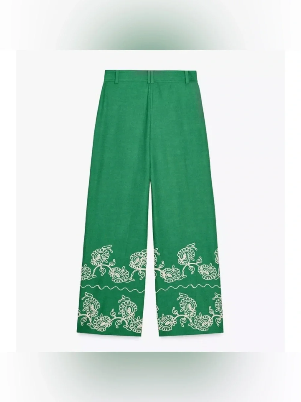 NWT Zara ZW Collection Embroidered Culottes Green Wide Leg Linen Pants Sz XL